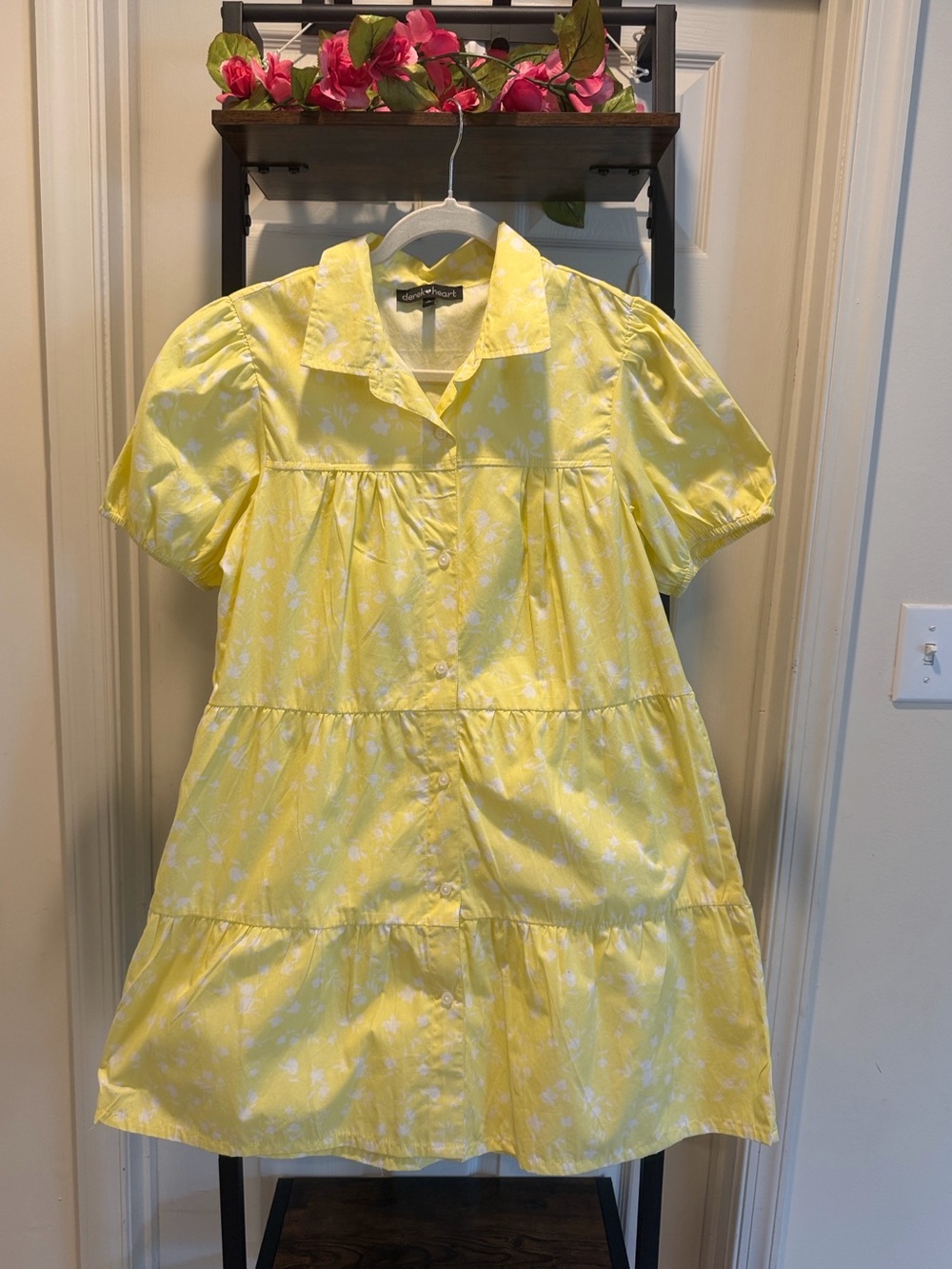 Derek Heart Cotton Yellow and White Floral Button-Front Puff Babydoll Dress - Picture 8 of 14
